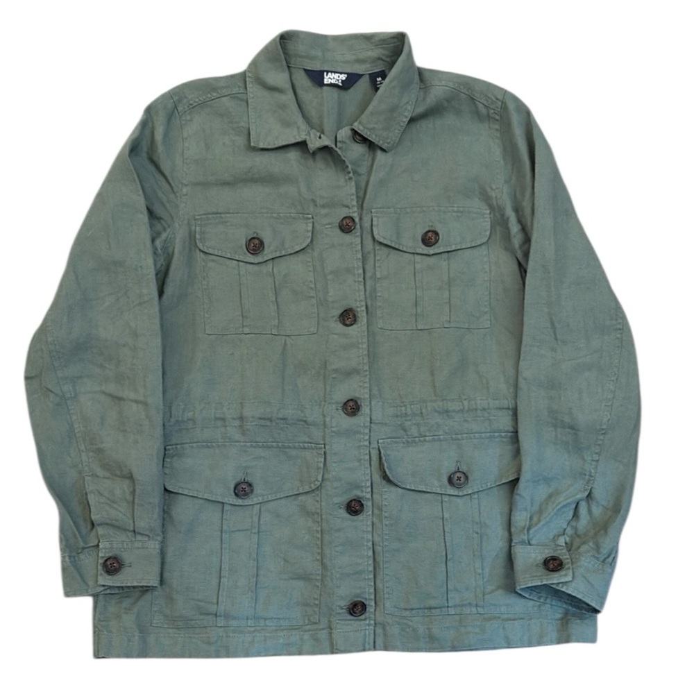 Lands’ End Green Jacket Washable Linen Field Barn Coat Safari Washable Medium